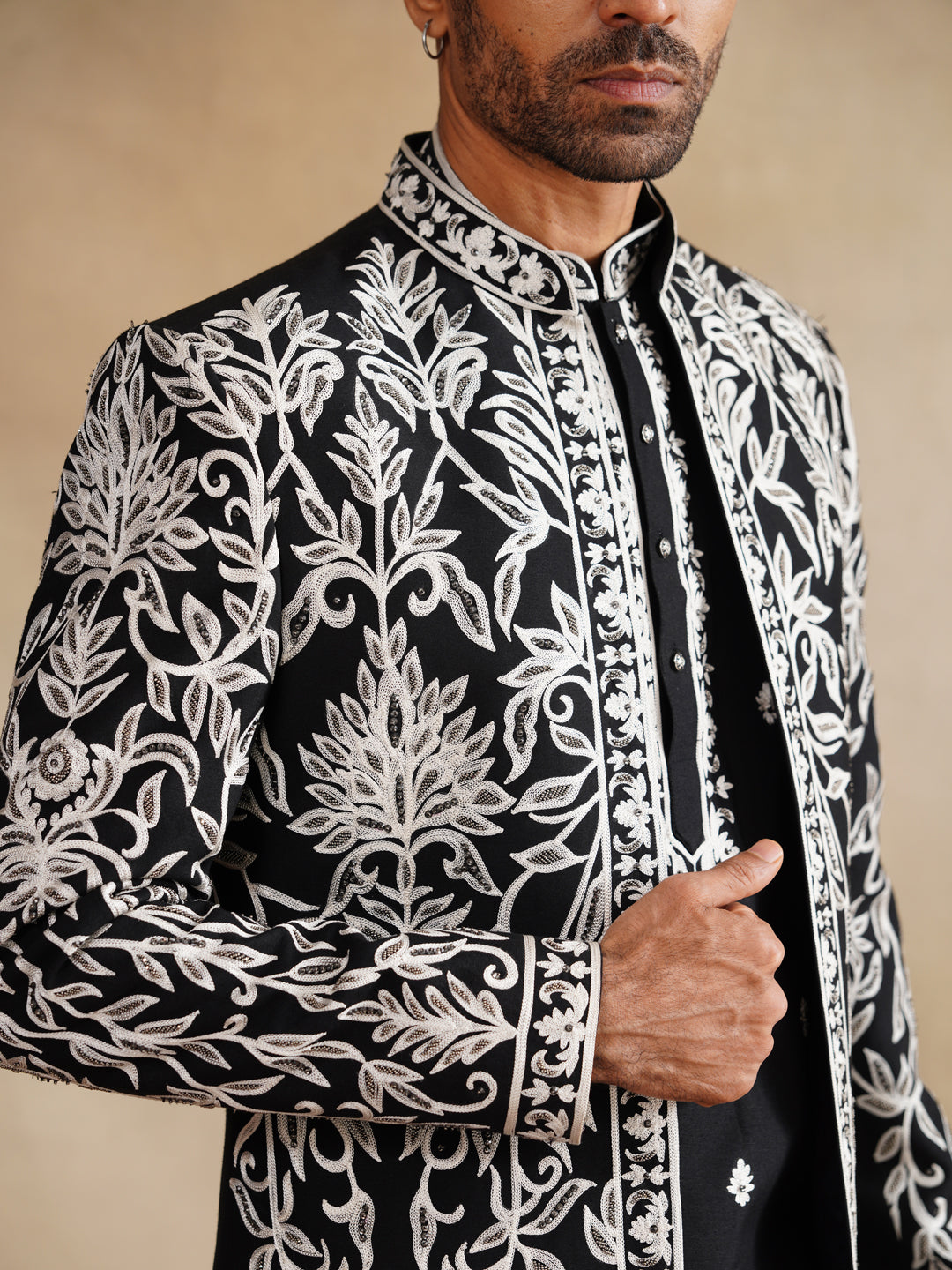 Black Indowestern Handwork with Cutdana and Thread Embroidery on Silk