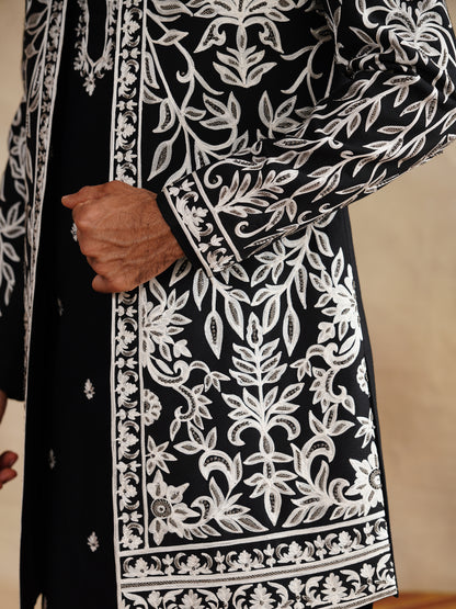 Black Indowestern Handwork with Cutdana and Thread Embroidery on Silk