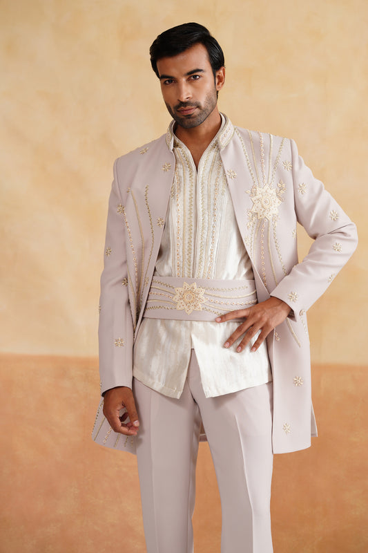 Grey Zardozi and Cutdana Work Indowestern on Silk with Resham Work