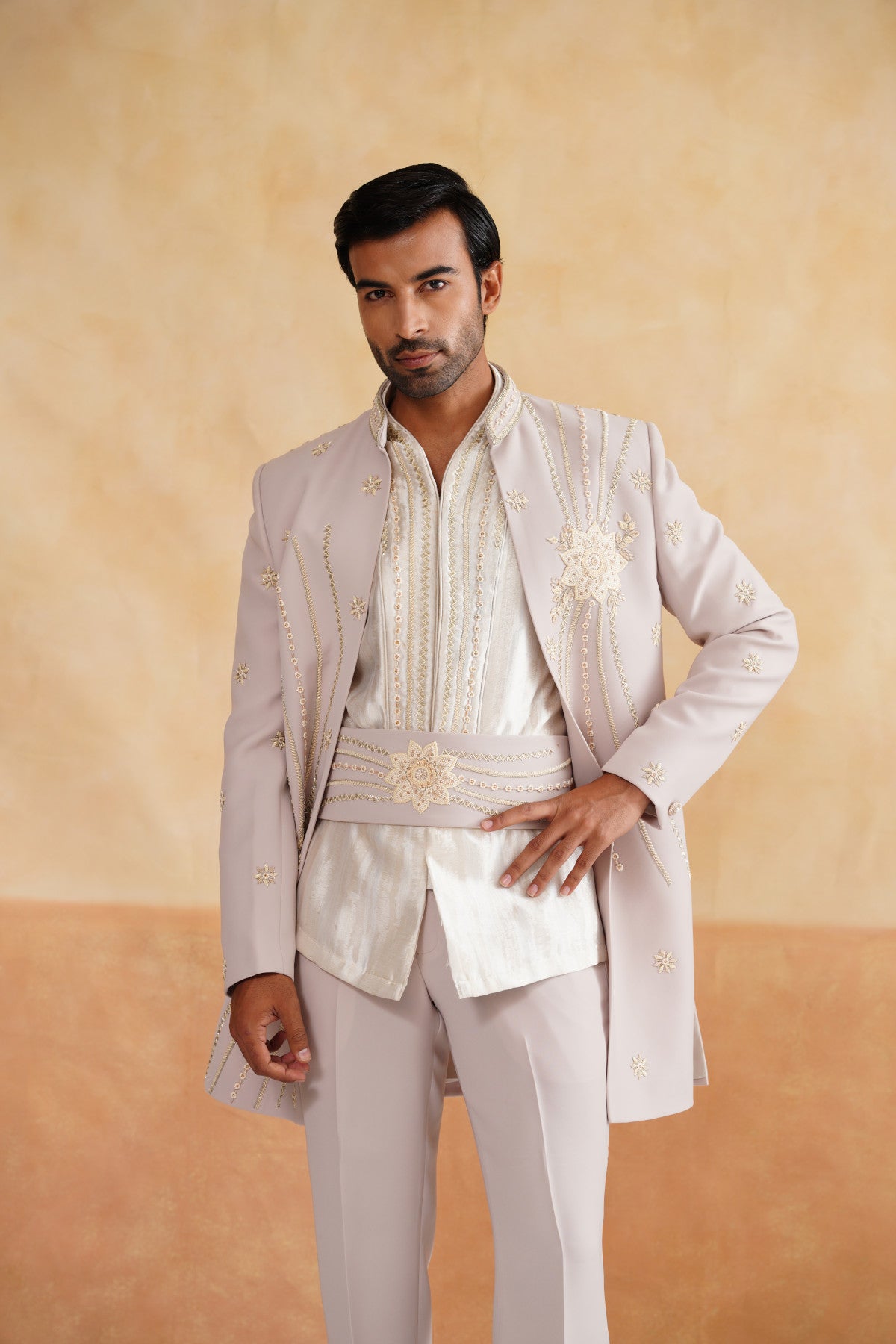 Beige Zardozi and Cutdana Work Indowestern on Suiting Fabric