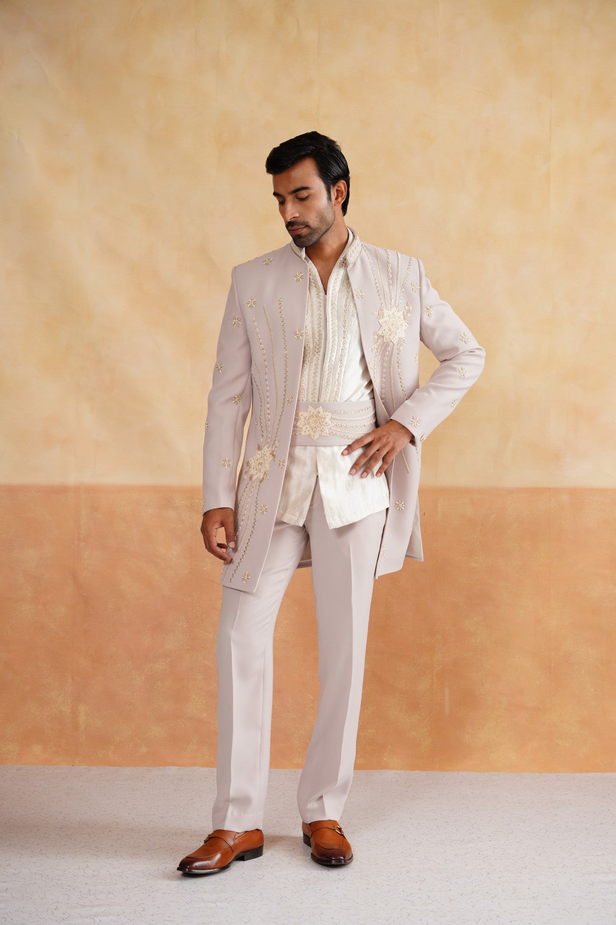 Beige Zardozi and Cutdana Work Indowestern on Suiting Fabric