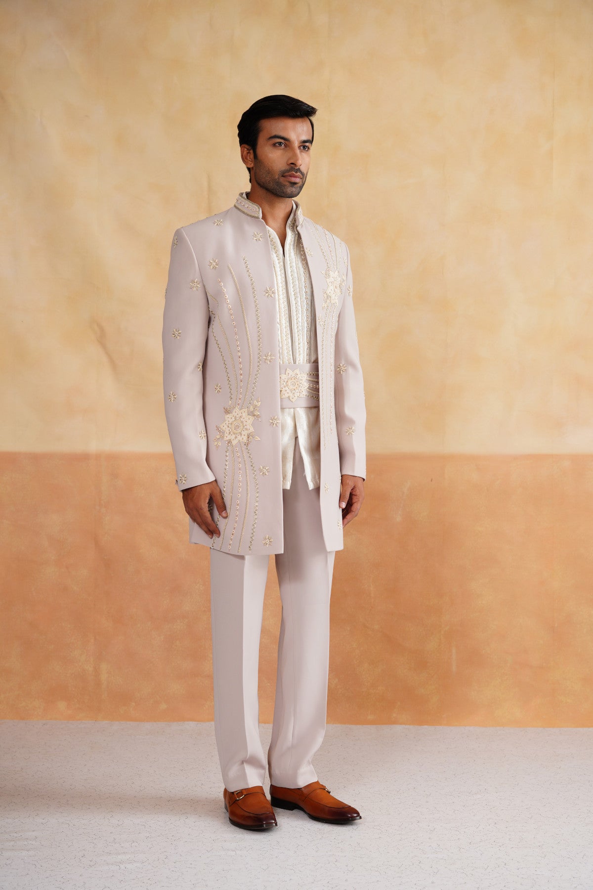 Beige Zardozi and Cutdana Work Indowestern on Suiting Fabric