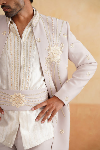 Beige Zardozi and Cutdana Work Indowestern on Suiting Fabric