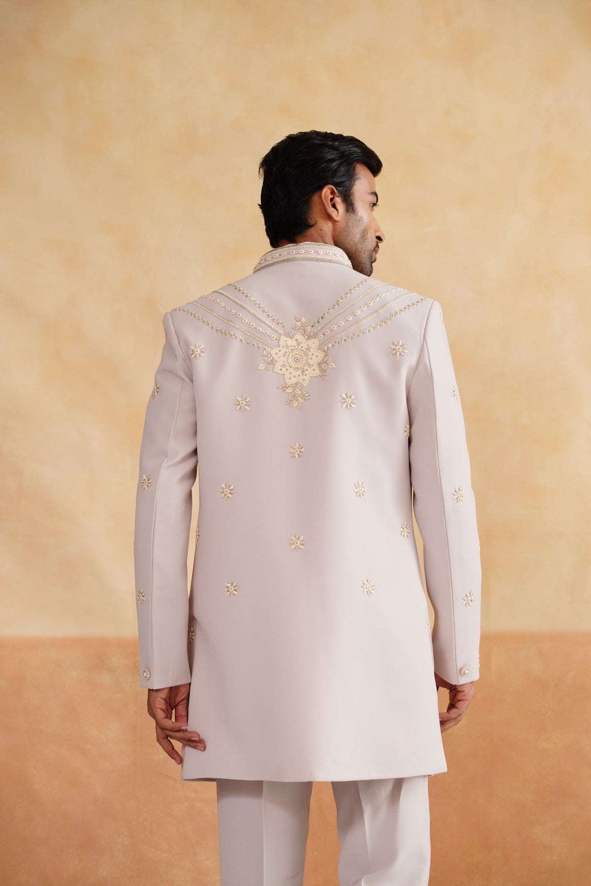 Beige Zardozi and Cutdana Work Indowestern on Suiting Fabric