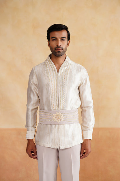 Beige Zardozi and Cutdana Work Indowestern on Suiting Fabric