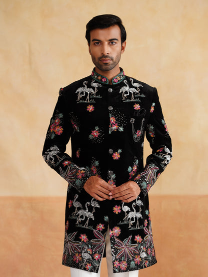 Black and Multicolor Pearl and Thread Work Indowestern on Velvet