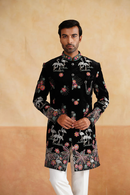 Black Multicolor Pearl and Thread Work Indowestern on Velvet