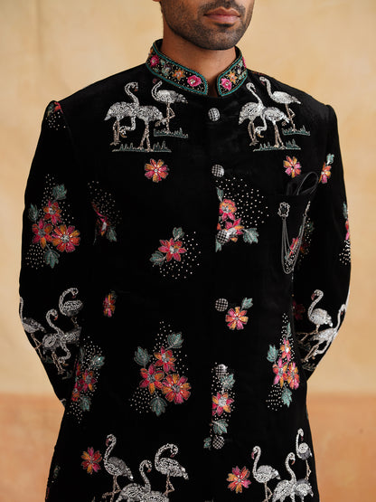 Black and Multicolor Pearl and Thread Work Indowestern on Velvet