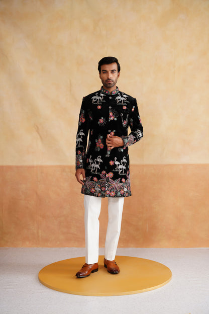 Black Multicolor Pearl and Thread Work Indowestern on Velvet