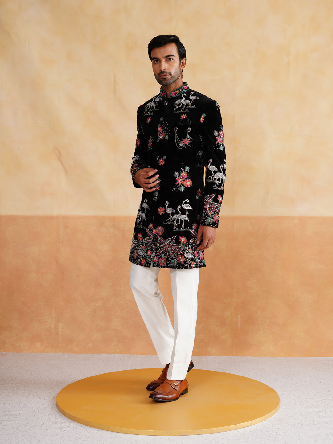 Black and Multicolor Pearl and Thread Work Indowestern on Velvet