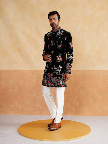 Black and Multicolor Pearl and Thread Work Indowestern on Velvet