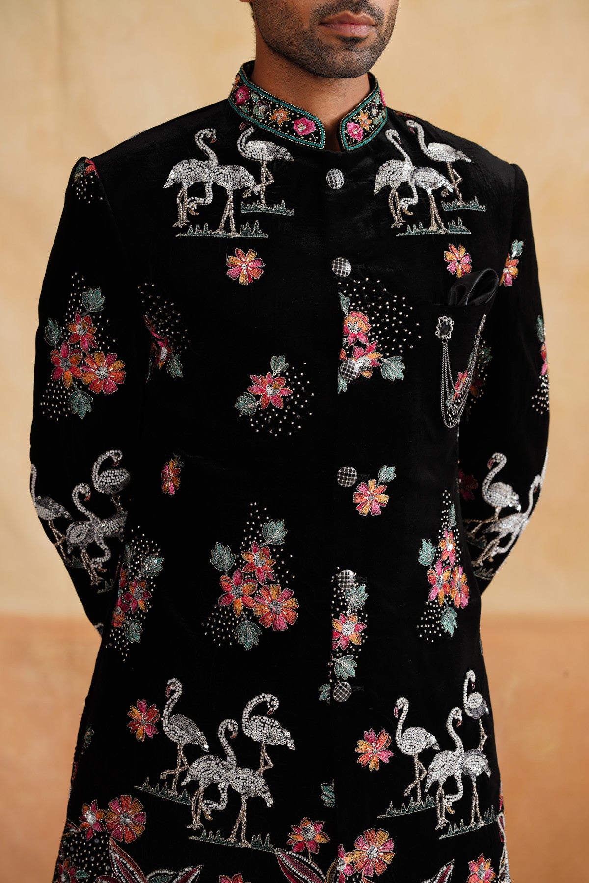 Black Multicolor Pearl and Thread Work Indowestern on Velvet