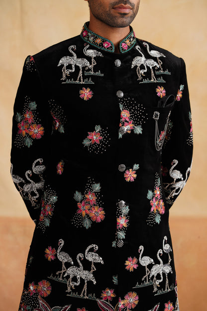 Black Multicolor Pearl and Thread Work Indowestern on Velvet