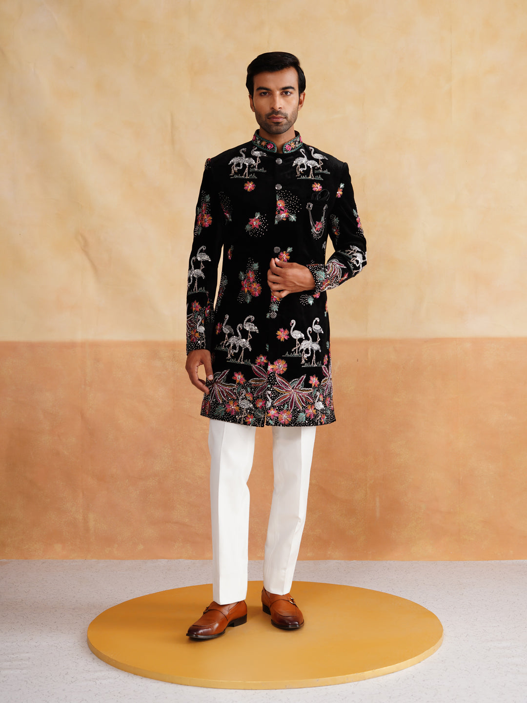 Black and Multicolor Pearl and Thread Work Indowestern on Velvet