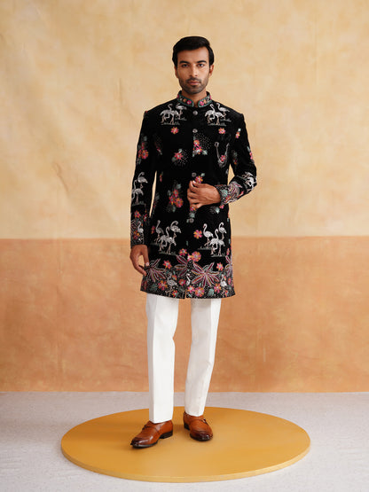 Black and Multicolor Pearl and Thread Work Indowestern on Velvet