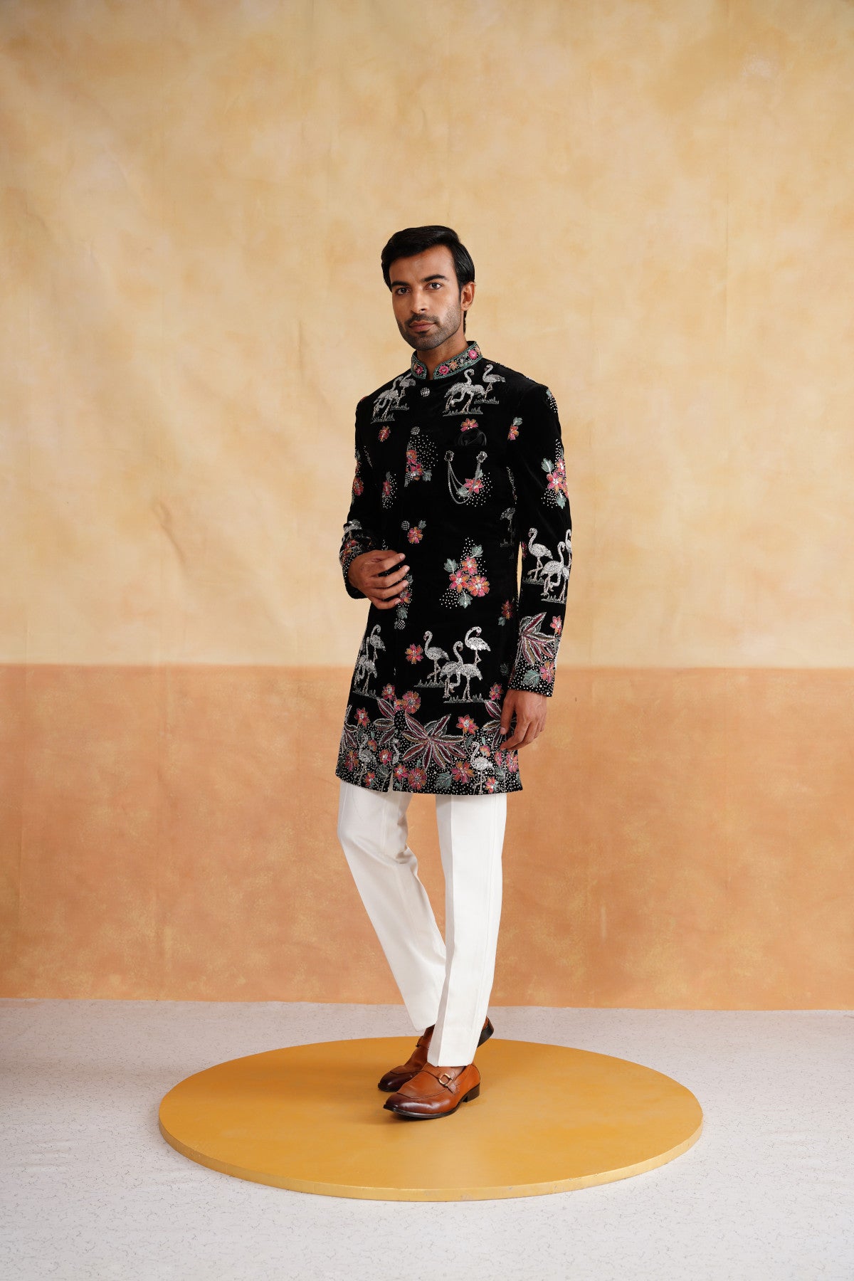 Black Multicolor Pearl and Thread Work Indowestern on Velvet