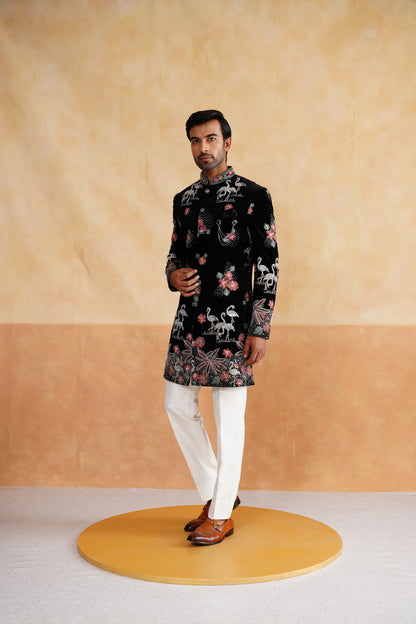 Black Multicolor Pearl and Thread Work Indowestern on Velvet