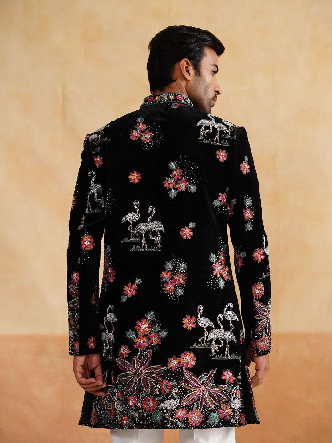 Black and Multicolor Pearl and Thread Work Indowestern on Velvet