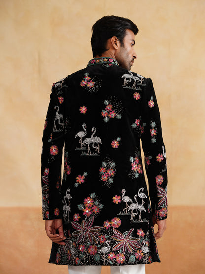 Black and Multicolor Pearl and Thread Work Indowestern on Velvet