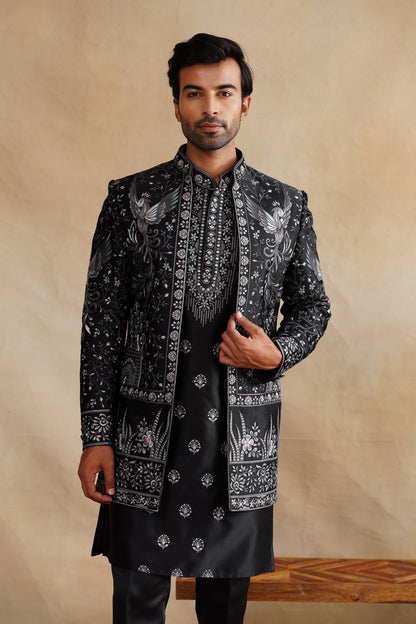 Black Thread Work Indowestern On Silk