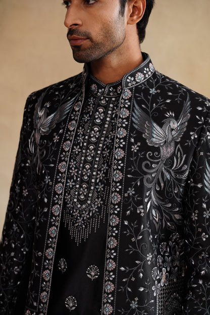 Black Thread Work Indowestern On Silk