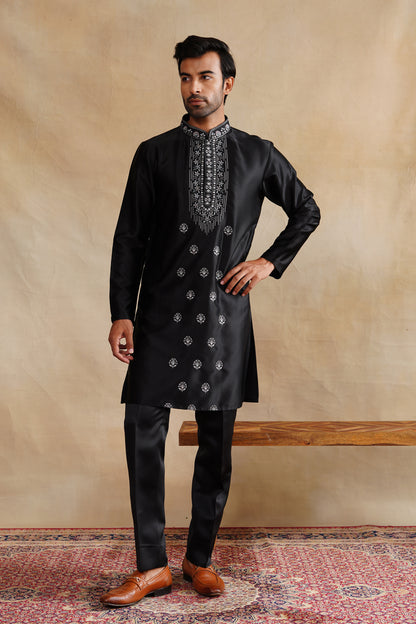 Black Thread Work Indowestern On Silk