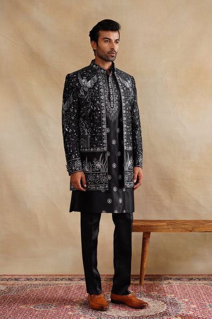 Black Thread Work Indowestern On Silk