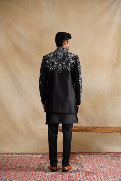 Shop black silk fabric indo western
