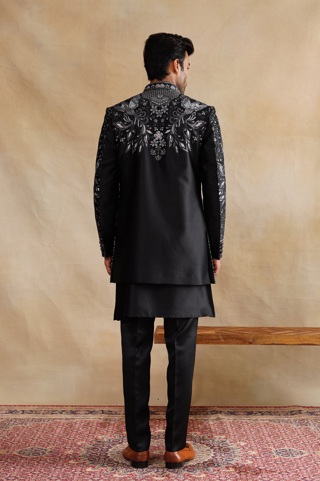 Black Thread Work Indowestern On Silk