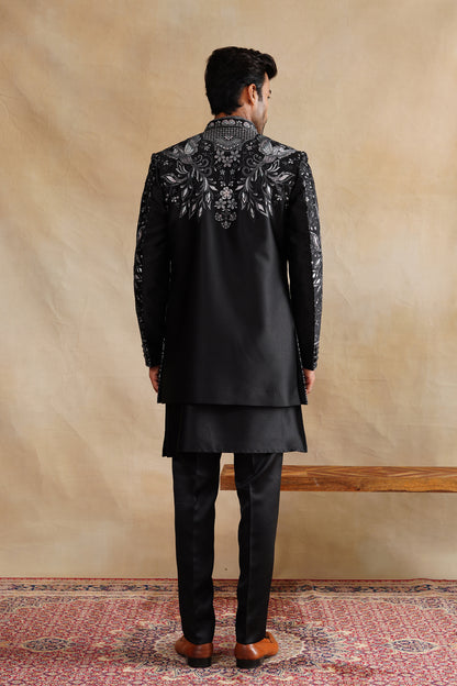 Black Thread Work Indowestern On Silk