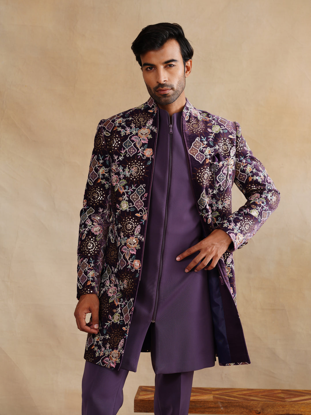 Purple Hand Work Thread and Sequins Indowestern on Velvet