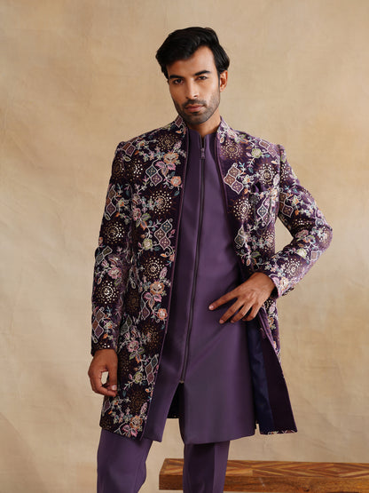 Purple Hand Work Thread and Sequins Indowestern on Velvet