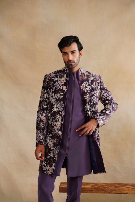 Purple Hand Work Thread and Sequins Indowestern on Velvet