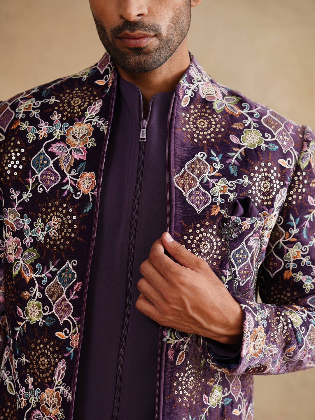 Purple Hand Work Thread and Sequins Indowestern on Velvet