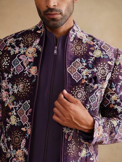 Purple Hand Work Thread and Sequins Indowestern on Velvet