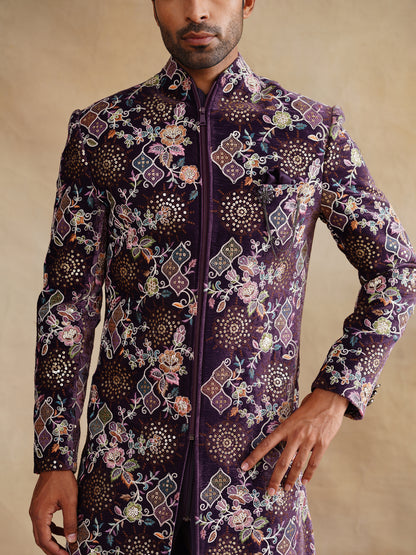 Purple Hand Work Thread and Sequins Indowestern on Velvet