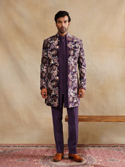 Purple Hand Work Thread and Sequins Indowestern on Velvet