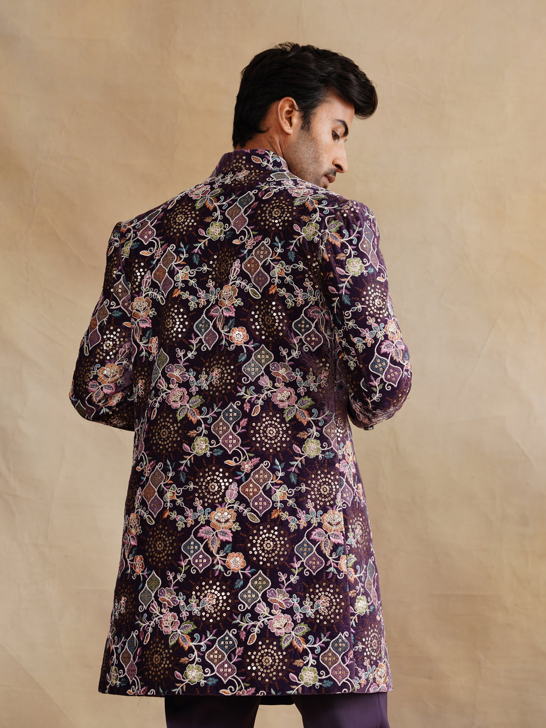 Purple Hand Work Thread and Sequins Indowestern on Velvet