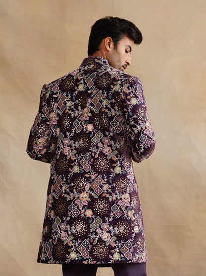 Purple Hand Work Thread and Sequins Indowestern on Velvet