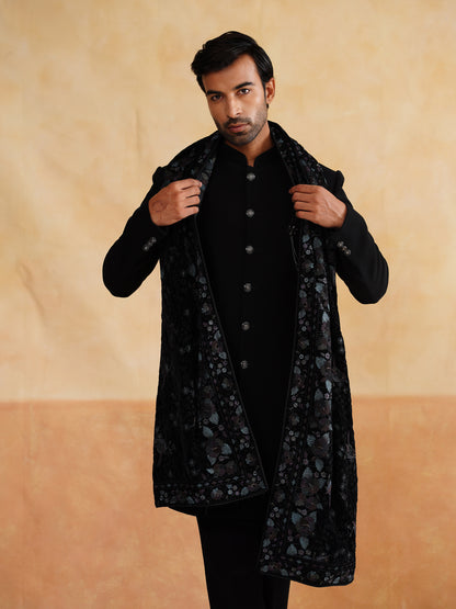 Black Indowestern with Thread Work Stole on Italian Fabric