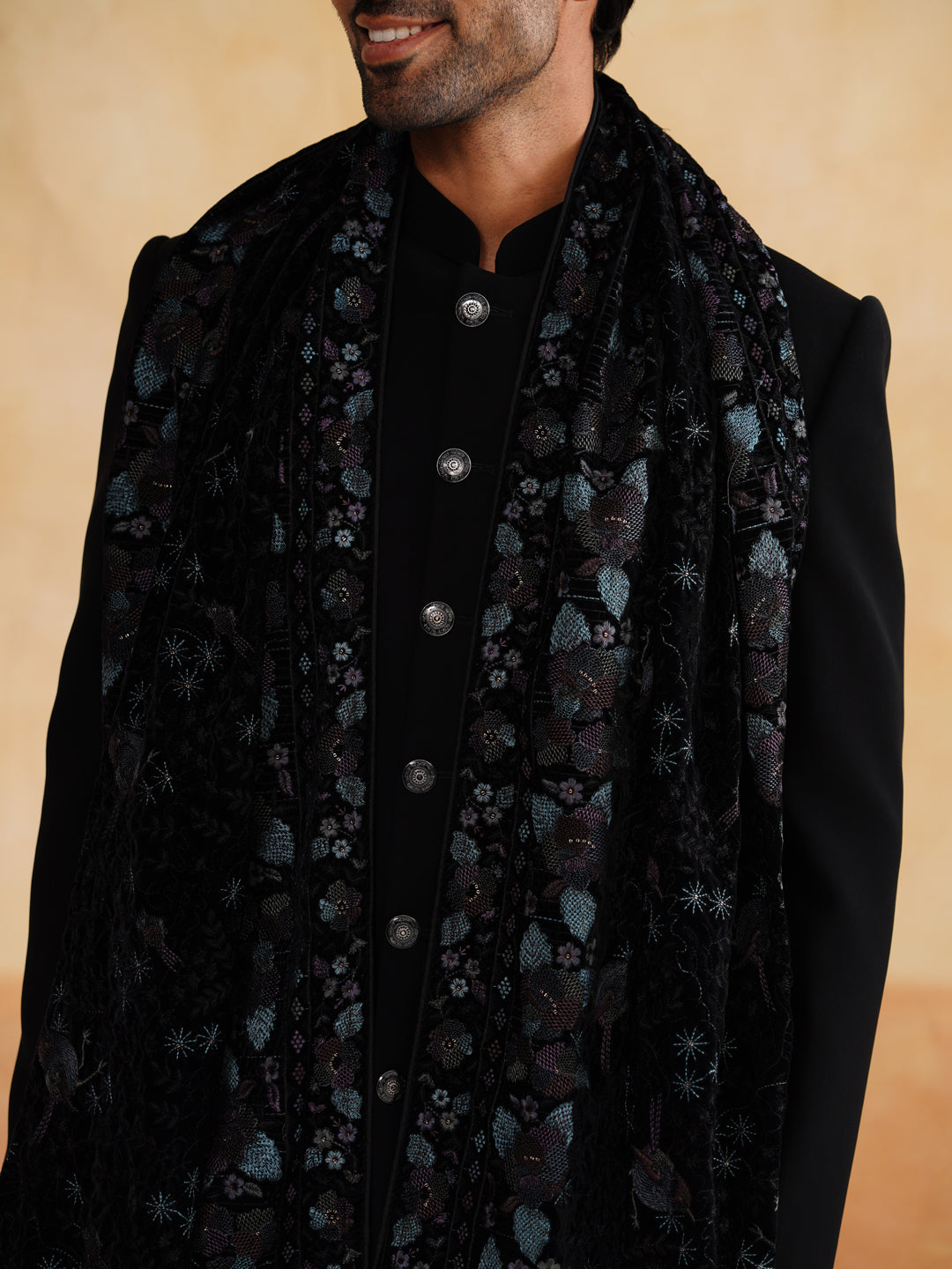 Black Indowestern with Thread Work Stole on Italian Fabric