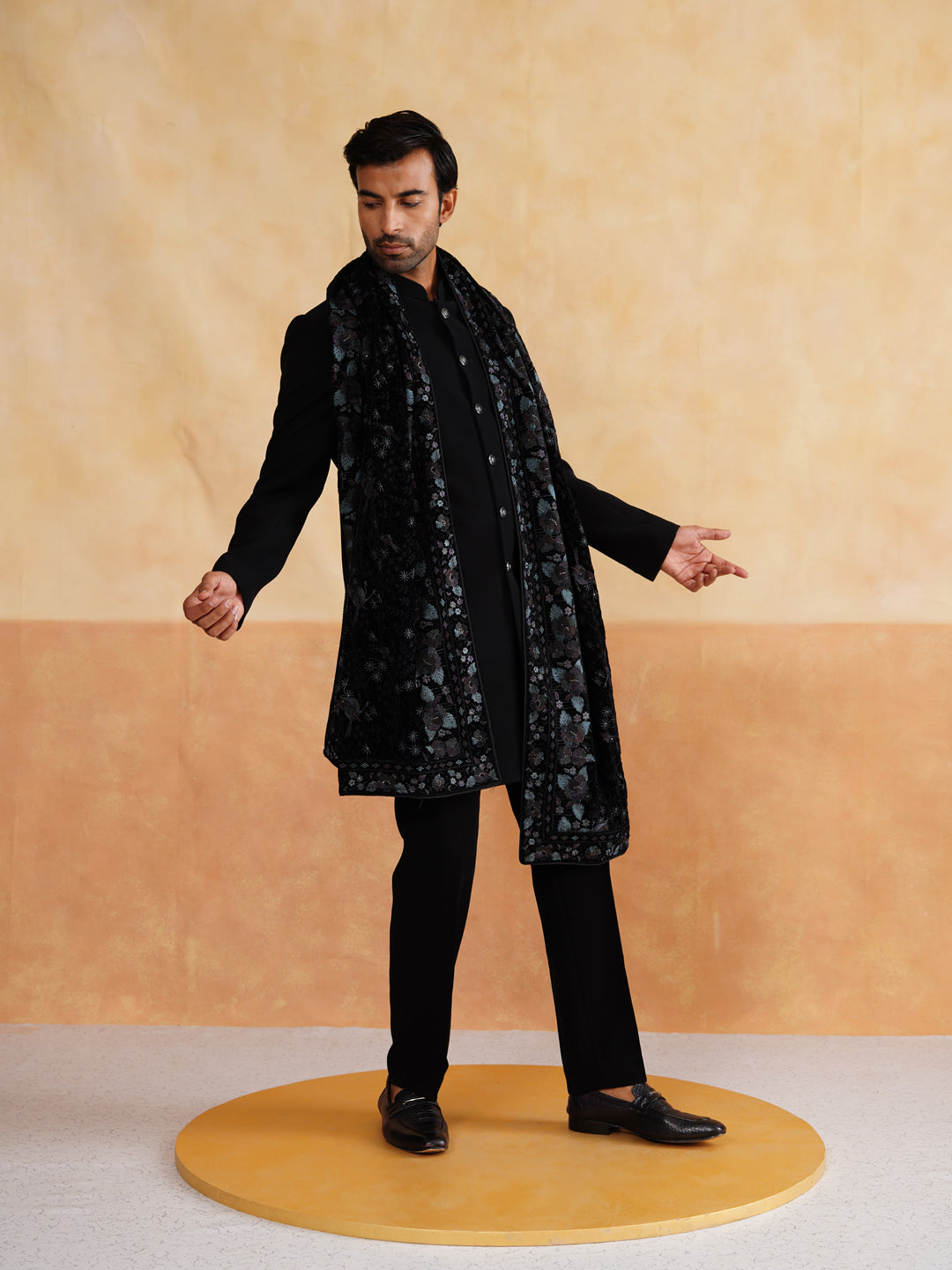 Black Indowestern with Thread Work Stole on Italian Fabric