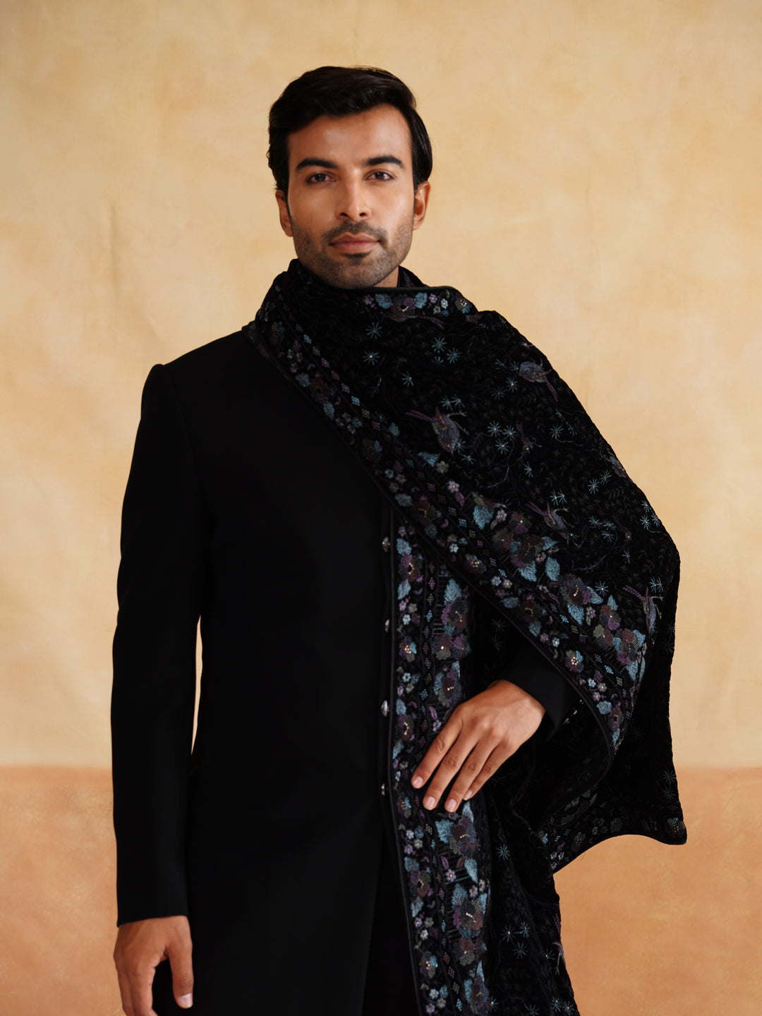Black Indowestern with Thread Work Stole on Italian Fabric