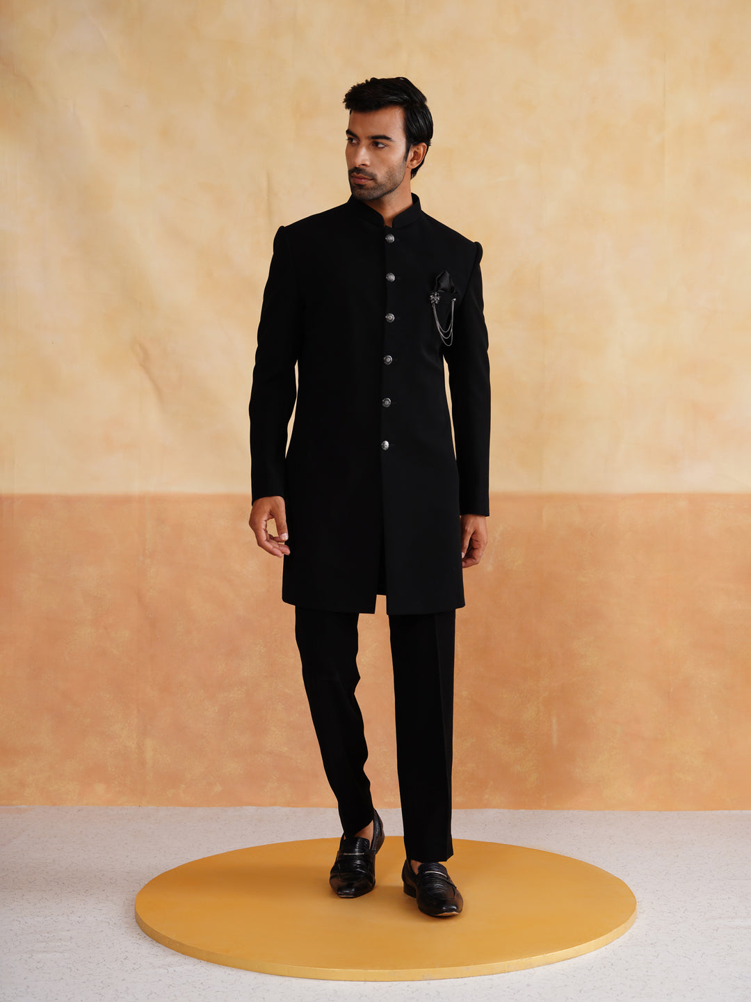 Black Indowestern with Thread Work Stole on Italian Fabric