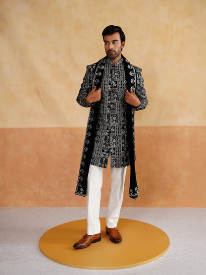 Black Indowestern Handwork Cutdana with Thread Embroidery with Stole on Velvet