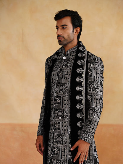 Black Indowestern Handwork Cutdana with Thread Embroidery with Stole on Velvet