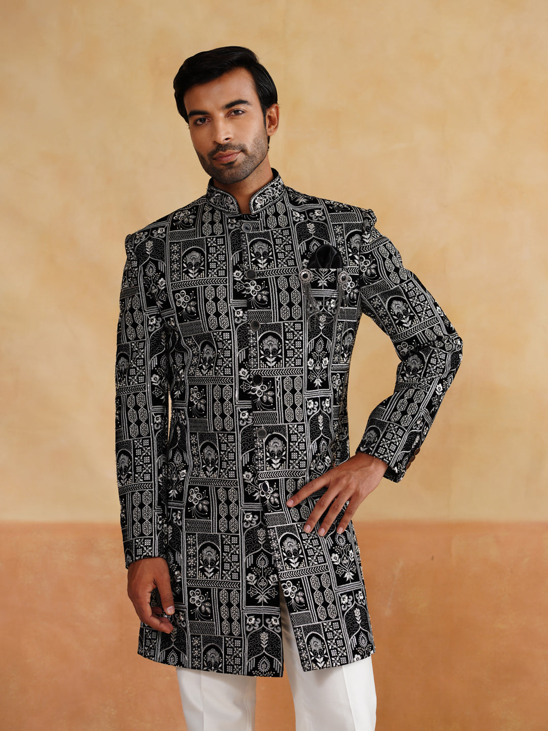 Black Indowestern Handwork Cutdana with Thread Embroidery with Stole on Velvet