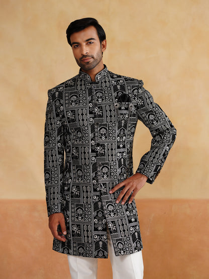 Black Indowestern Handwork Cutdana with Thread Embroidery with Stole on Velvet