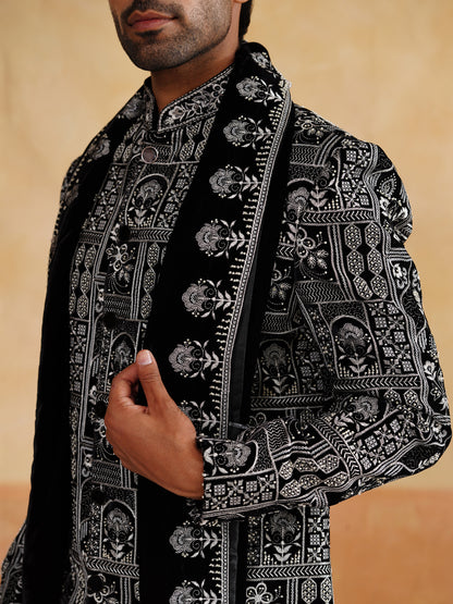 Black Indowestern Handwork Cutdana with Thread Embroidery with Stole on Velvet