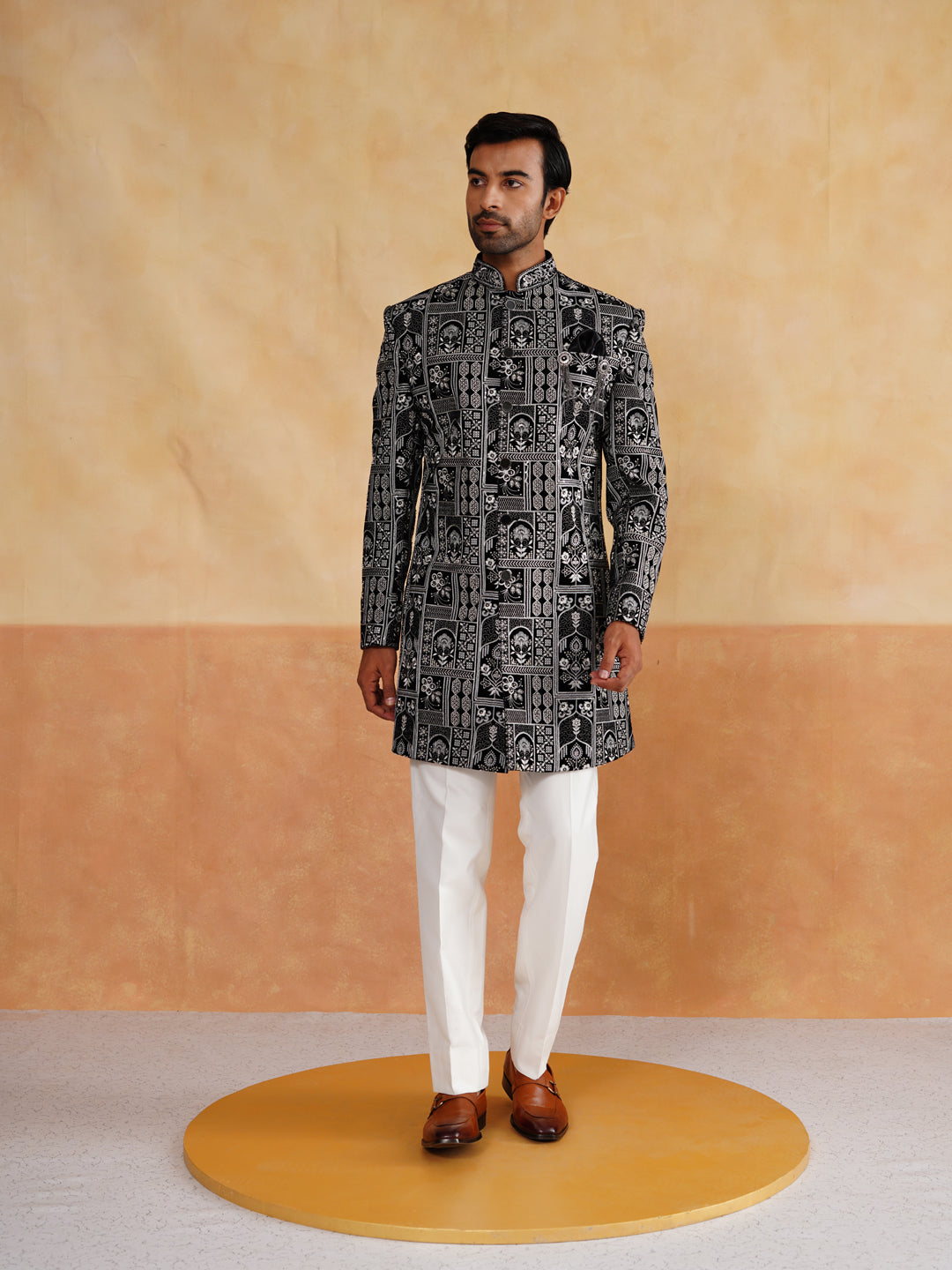 Black Indowestern Handwork Cutdana with Thread Embroidery with Stole on Velvet